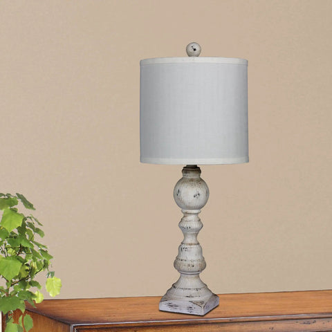 Pair Of 26 Inch Distressed Balustrade Resin Table Lamps In Cottage Antique White Finish With Designer White Shades 2 Piece Set For Living Room Or Bedroom Decor Great For Farmhouse Style Cozy Vintage Vibe, single lamp close-up.