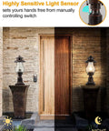 No Fuss Dusk To Dawn Outdoor Post Lights With Photocell Sensor Rustic Oil Rubbed Brown Lanterns lighting a patio entrance