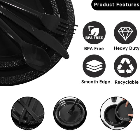 Fresh Black Disposable Plates 350 Piece Heavy Duty Food Grade Plastic Party Essentials For Weekend Ragers And Halloween Parties showcasing cutlery, plates, and product features.