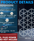 Hexagon Garage Lighting System Bundle For Full Coverage Pro Grade LED Ceiling Lights Great For Car Detailing Workshop And Commercial Use 132 Sq Ft 71 Piece Modular Kit No Shadow No Glare details with dimensions and connectors.