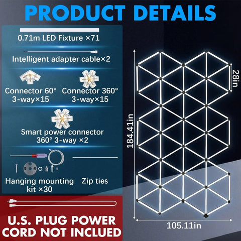 Hexagon Garage Lighting System Bundle For Full Coverage Pro Grade LED Ceiling Lights Great For Car Detailing Workshop And Commercial Use 132 Sq Ft 71 Piece Modular Kit No Shadow No Glare details with dimensions and connectors.