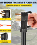 User-friendly finger grip and plastic strap on Road Ready 30 Foot 50 Amp Generator Extension Cord With Twist Lock Connectors.