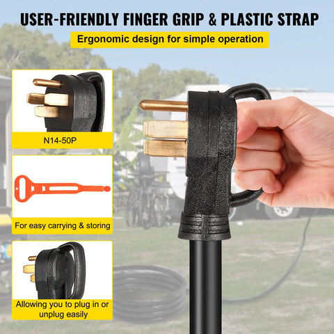 User-friendly finger grip and plastic strap on Road Ready 30 Foot 50 Amp Generator Extension Cord With Twist Lock Connectors.