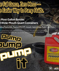 Bzcovac 30cc hand oil transfer pump in auto workshop; red gear oil bottle labeled 75W85, BZCOVAC logo bottom-right.