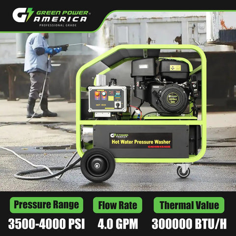 Gas Powered Hot Water Pressure Washer 3500 PSI 4 GPM 212 F Electric Start Commercial Grade Portable Gas Engine Built To Bust Through Grime For Tough Jobs 49 State Compliant