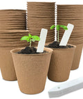 40 Pcs 3.15 Inch Eco Friendly Biodegradable Peat Pots Seedling Starters Kit With 10 Labels For Flowers Vegetables Tomatoes Saplings And Herbs Germination Trays Khaki, showing stacked pots and labeled seedlings