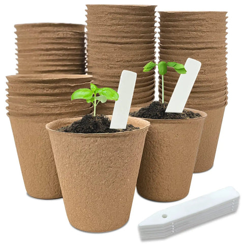 40 Pcs 3.15 Inch Eco Friendly Biodegradable Peat Pots Seedling Starters Kit With 10 Labels For Flowers Vegetables Tomatoes Saplings And Herbs Germination Trays Khaki, showing stacked pots and labeled seedlings