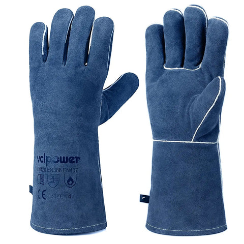 Heavy Duty Leather Welding Gloves With Kevlar Stitching, 14-inch blue cowhide gloves with extended cuff, fireproof for welding tasks