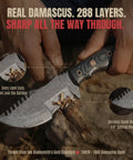 Close-up of Beefy 10 Inch Damascus Steel Tracker Knife With Full Tang Fixed Blade Micarta Handle in use, sharp blade details visible.