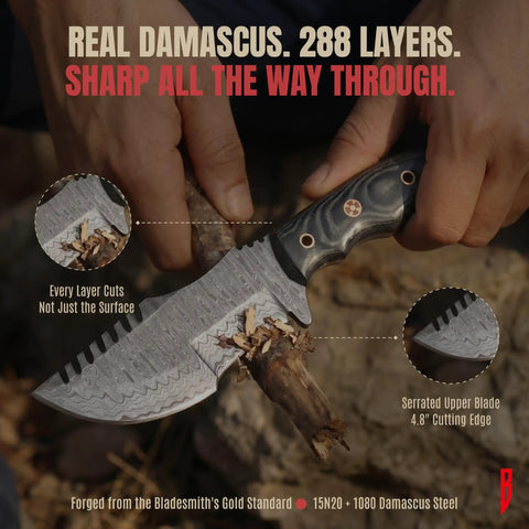 Close-up of Beefy 10 Inch Damascus Steel Tracker Knife With Full Tang Fixed Blade Micarta Handle in use, sharp blade details visible.