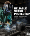 Welder wearing FR Treated Cotton Sateen Jacket 9 Oz With Anodized Snaps And Leather Reinforcement operating welding tool