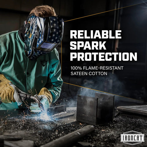 Welder wearing FR Treated Cotton Sateen Jacket 9 Oz With Anodized Snaps And Leather Reinforcement operating welding tool