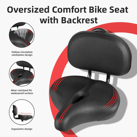 Oversized Bike Seat With Backrest For Peloton And Universal Bicycle Compatibility in black with ergonomic design features.