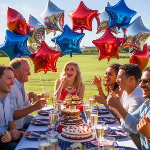 Group enjoying outdoor party with Red White And Blue Mylar Balloons Set For 4th Of July Patriotic Arch Kit With Star Balloons