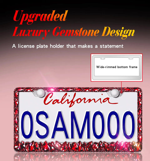 Red Rhinestone License Plate Frame Sparkly Bedazzled Stainless Steel Holder Fits Standard 12.25 By 6.25 Inch Plates For US And Canada