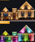 Low Voltage RGBW Landscape Lighting Kit With 10W Outdoor LED Spotlights illuminating house in warm white and RGB color at night