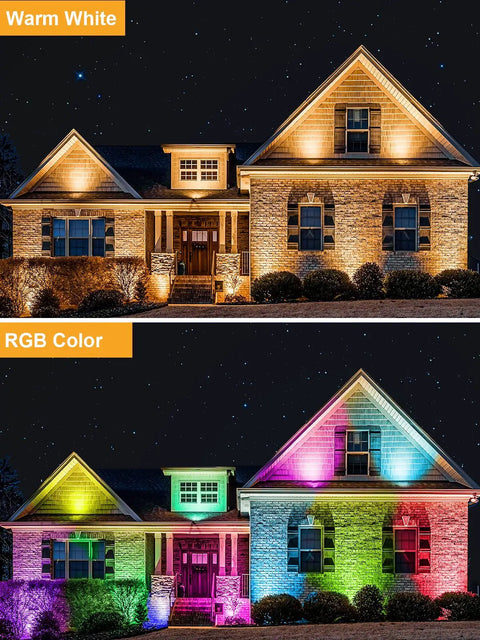 Low Voltage RGBW Landscape Lighting Kit With 10W Outdoor LED Spotlights illuminating house in warm white and RGB color at night