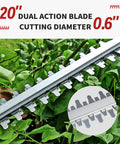 Cordless Hedge Trimmer With Swivel Handle and 52cm Dual-Action Blade cutting through shrubs with 0.6 inch cutting diameter.