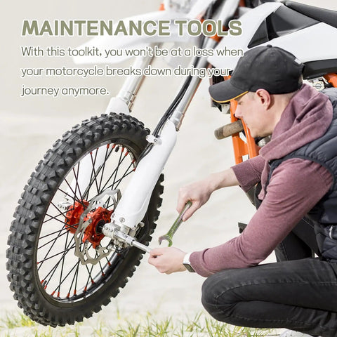 Person using 8 Piece Motorcycle Repair Tool Kit With Pliers, Double Head Spark Plug Socket, on a motorcycle wheel