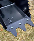 Close-up of Beefy Mini Wrecker Stump Bucket For Small Tractors Heavy Duty Tractor Attachment showing serrated digging edge.