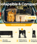 Heavy Duty Collapsible Wagon Cart With 440 Lbs Capacity shown folded in a trunk for compact storage with instructions.