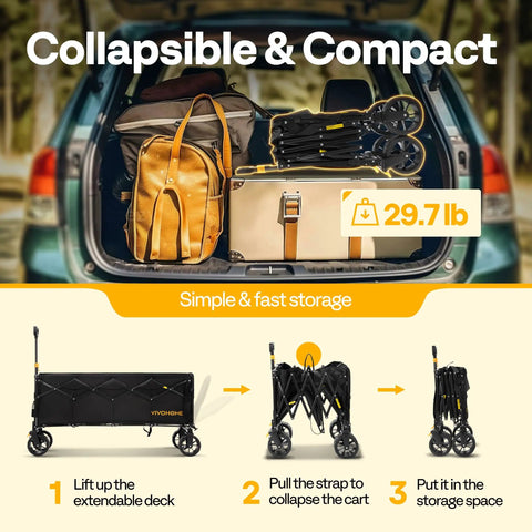 Heavy Duty Collapsible Wagon Cart With 440 Lbs Capacity shown folded in a trunk for compact storage with instructions.