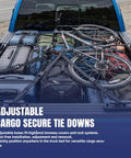 Rack Tie Down Kit For T Slot Rails Four Pack With Beefy Cleats And Adjustable Bases securing luggage and bike in truck bed
