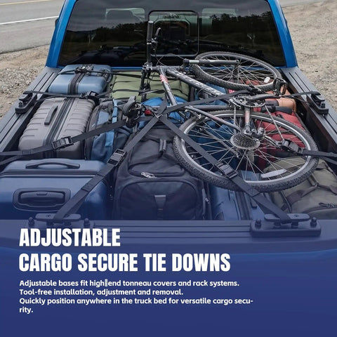 Rack Tie Down Kit For T Slot Rails Four Pack With Beefy Cleats And Adjustable Bases securing luggage and bike in truck bed