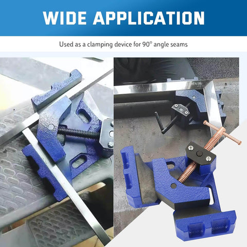 Cast Iron Welders Angle Clamp Pack, Beefy Heavy Duty Two Axis Right Angle Jig for woodworking and miter joints shown in use.