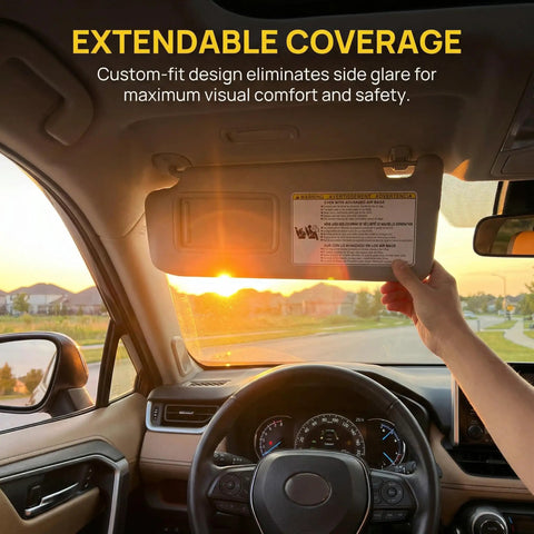Driver uses RAV4 Left Driver Side Sun Visor Replacement With Leather Surface And Vanity Mirror Gray to block sun glare.