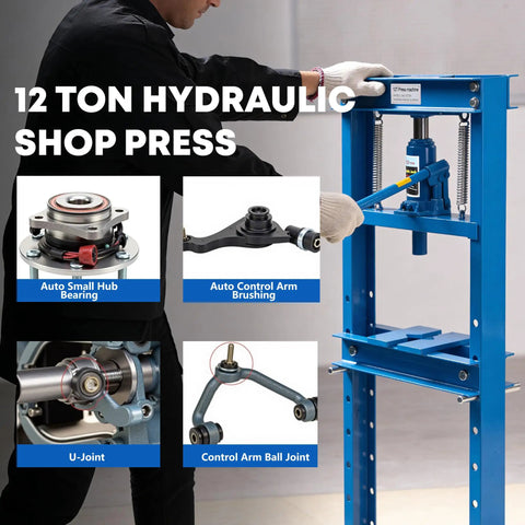 Badass 12 Ton Hydraulic H Frame Shop Press With Sweet Adjustable Table and Solid Stamping Plates shown in use for auto repair.