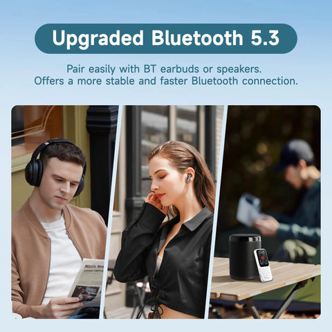People using 64GB MP3 Player With Bluetooth 5.3, 30 Hours Playtime in various settings, wearing headphones, and next to speaker