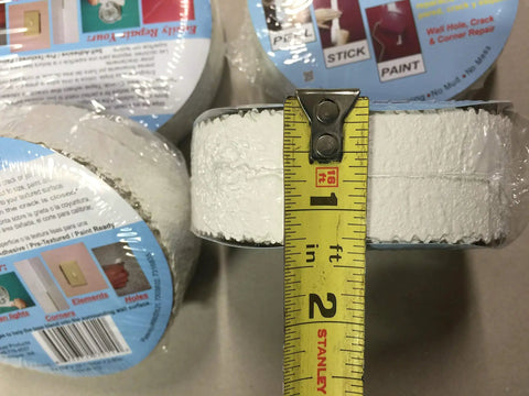 Self-Adhesive Stress Crack Tape 1.25 Inch By 12 Foot Textured Roll for Plaster Wall Crack Repair Paint Ready shown with tape measure