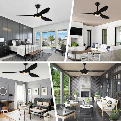 52 Inch Black Modern Ceiling Fan With Lights And Remote, Smart WiFi Enabled, installed in various indoor and outdoor settings