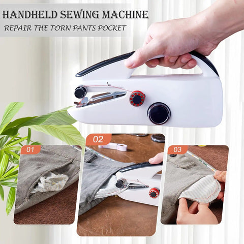 Heavy Duty Handheld Sewing Machine Kit With Blue Leather Storage Case And 110 Piece Sewing Kit showing stitching process