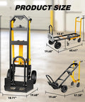 Heavy Duty 4 In 1 Convertible Hand Truck Dolly Cart With Wheels, Non Slip Handle, showing product dimensions and sizes.