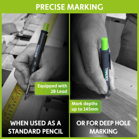 Heavy Duty Woodworking Scribe Tool Set With Deep Hole Marking Pen And Replacement Leads, showing precise marking with 2B lead.