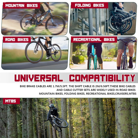 All In One Steel Bike Brake And Shifter Cable Kit shown with various bikes; mountain, folding, road, and recreational in use