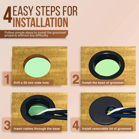 Step-by-step installation guide for Desk Grommet 2 Inch Cable Hole Cover Pack Of 5 Black ABS Plastic Wire Management for desks and tables.