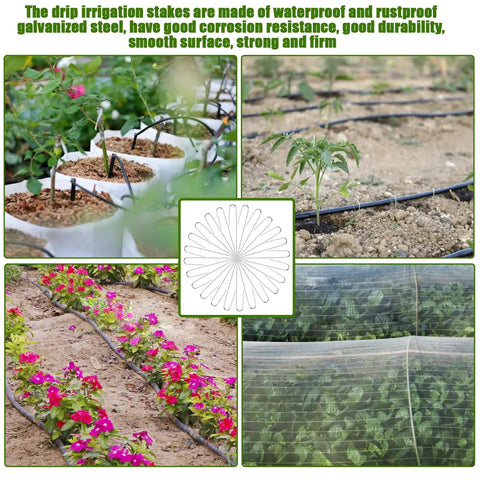 Image showing 100 Pack Drip Irrigation Staples, J Shape Garden Stakes, 5 Inch Lawn Pins for Securing Half Inch Drip Tubing in garden setup