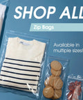 1000 Count 7x10 Inch Clear Reclosable Zip Bags With Airtight Seal, 2 Mil Poly Bags Made From Virgin LDPE For Total Water Resistance, Storage, Packaging, And Merch Protection, holding folded shirt and snacks