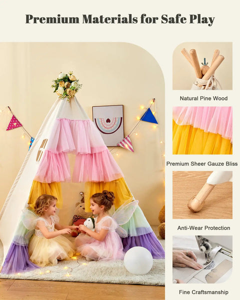Kids Teepee Tent Indoor Playhouse with star lights, rainbow gauze tulle, and breathable mesh window, ideal for bedroom or living room