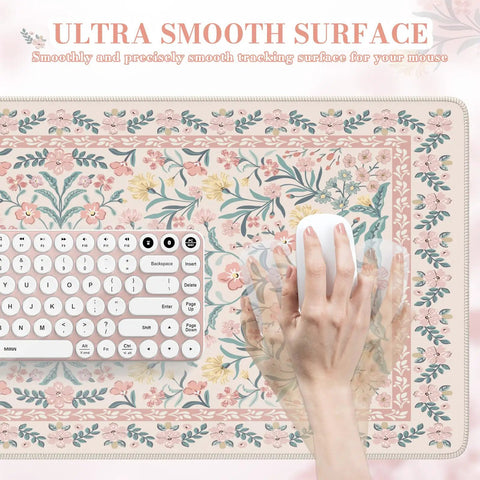 Pink Floral Desk Pad For Aesthetic Office Setup, XXL Large Mouse Pad With Non Slip Base And Stitched Edges, Desktop Decor For Women