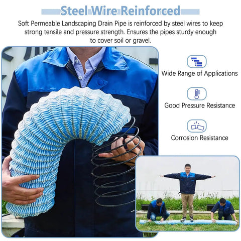 Person holding Blue Flex Drain Pipe With Nonwoven Filter Debris Mesh Flexible Land Drainage Tube for garden use, showing flexibility