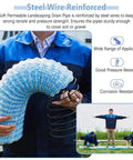 Man holding a Blue Flexible Drain Pipe With Nonwoven Fabric Filter Debris Shield for Garden Yard Sidewalk Lawn And Patio Drainage Provides Efficient Water Infiltration And Channeling Across Two Inch Three Point One Inch Four Inch And Five Point Nine Inch Diameters