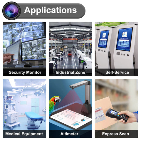 Application uses of Autofocus USB Camera Module 48MP for security monitoring, industrial zones, self-service kiosks, medical equipment, altimeters, express scanning.