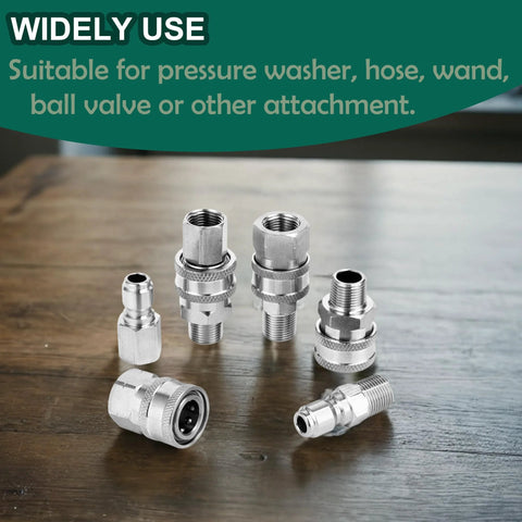 Power Town 3/8 inch stainless steel quick-connect pressure washer fittings set with male and female adapters