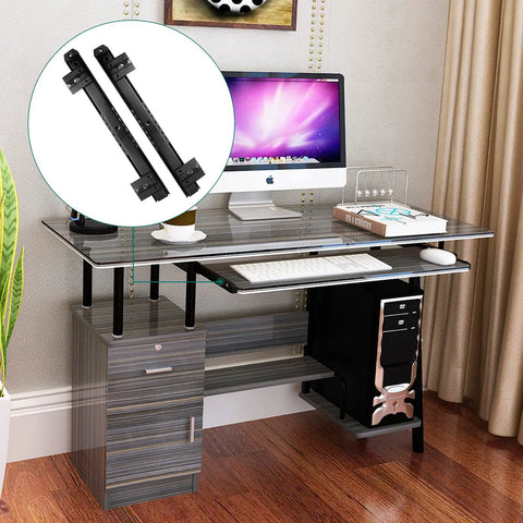 2 Pack 14 Inch Keyboard Slide Rails With Heavy Duty Ball Bearing Slides in modern desk setup, includes screws and Phillips screwdriver