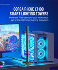 ICUE LT100 Smart Lighting Tower Starter Kit on a desk with gaming PC and monitor, showcasing ambient RGB effects.
