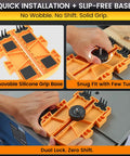 Pro Grade Featherboard For Table Saws, Router Tables And Band Saws showing installation with dual leg base and silicone grip, yellow